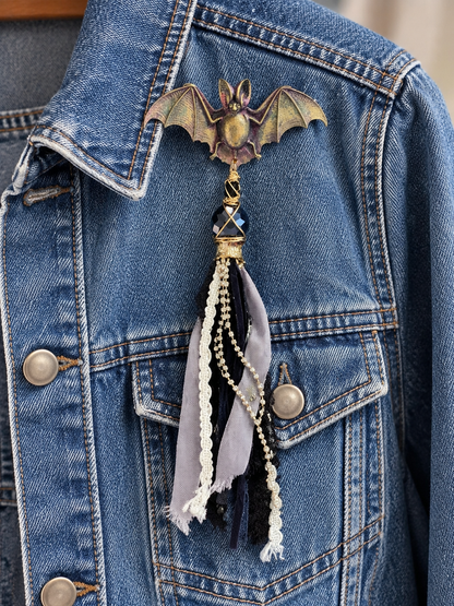 After Dark Bat Pin with Crystal & Fabric Tassel