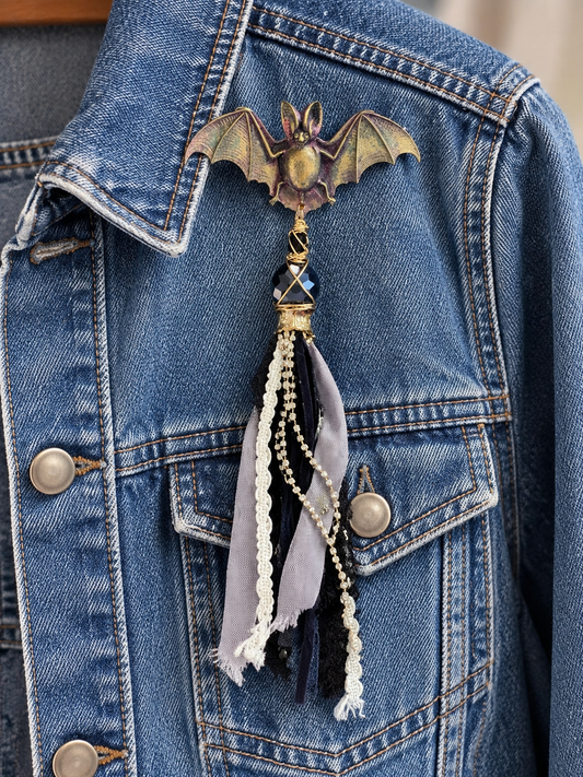 After Dark Bat Pin with Crystal & Fabric Tassel