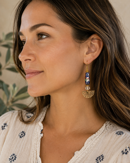 Handmade Cloisonné Earrings with Crystal Quartz Beads & Gold Fan Charms