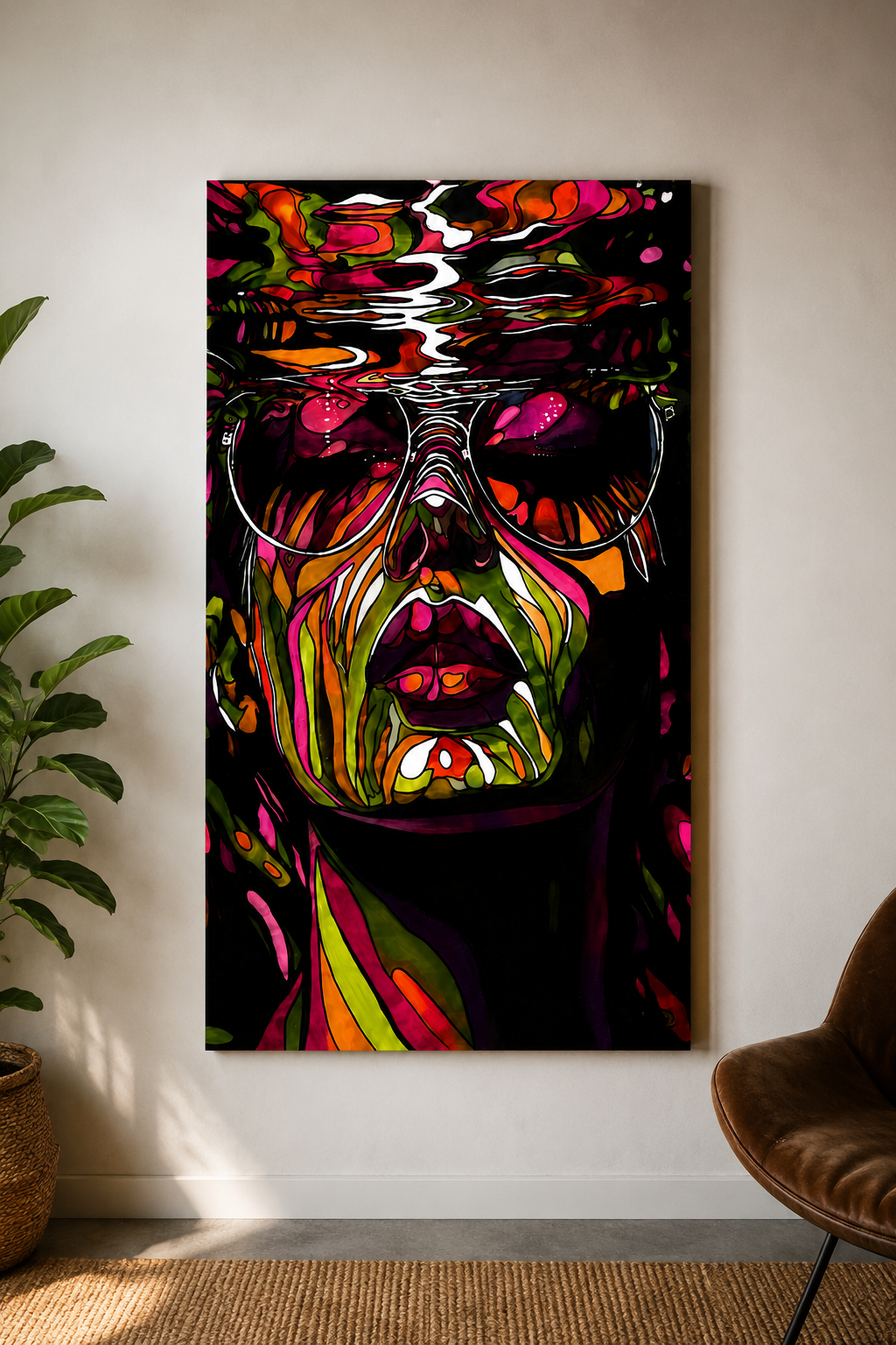 Cool Beneath the Chaos Original Acrylic & Resin Portrait on Shou Sugi Ban Burned Wood Panel 24x48