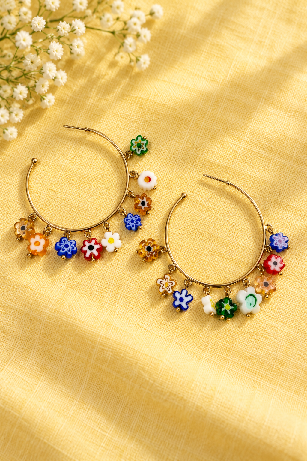Colorful Millefiori Glass Flower Gold Hoop Earrings