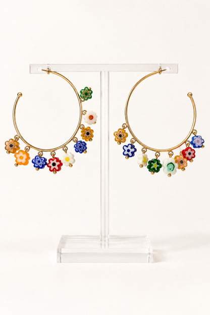 Colorful Millefiori Glass Flower Gold Hoop Earrings