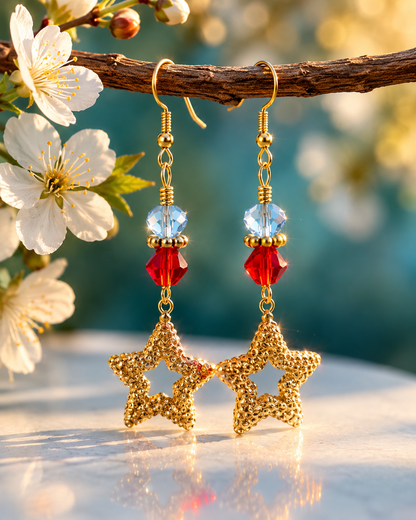 Patriotic Crystal Star Dangle Earrings Red Clear Crystal Gold Tone Earrings Handmade Jewelry