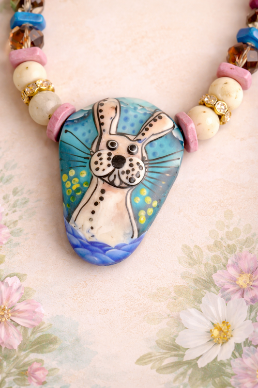 “Double-Sided Bunny Glass Pendant Necklace – Jasper & Austrian Crystal, Artisan 16” Necklace”