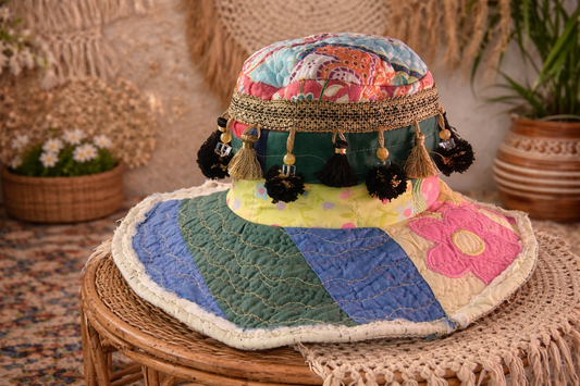 Dorothy Jean Boho Darned Patchwork Hat w/ Tassels – Reversible Multi-Brim Sun Hat (Small)
