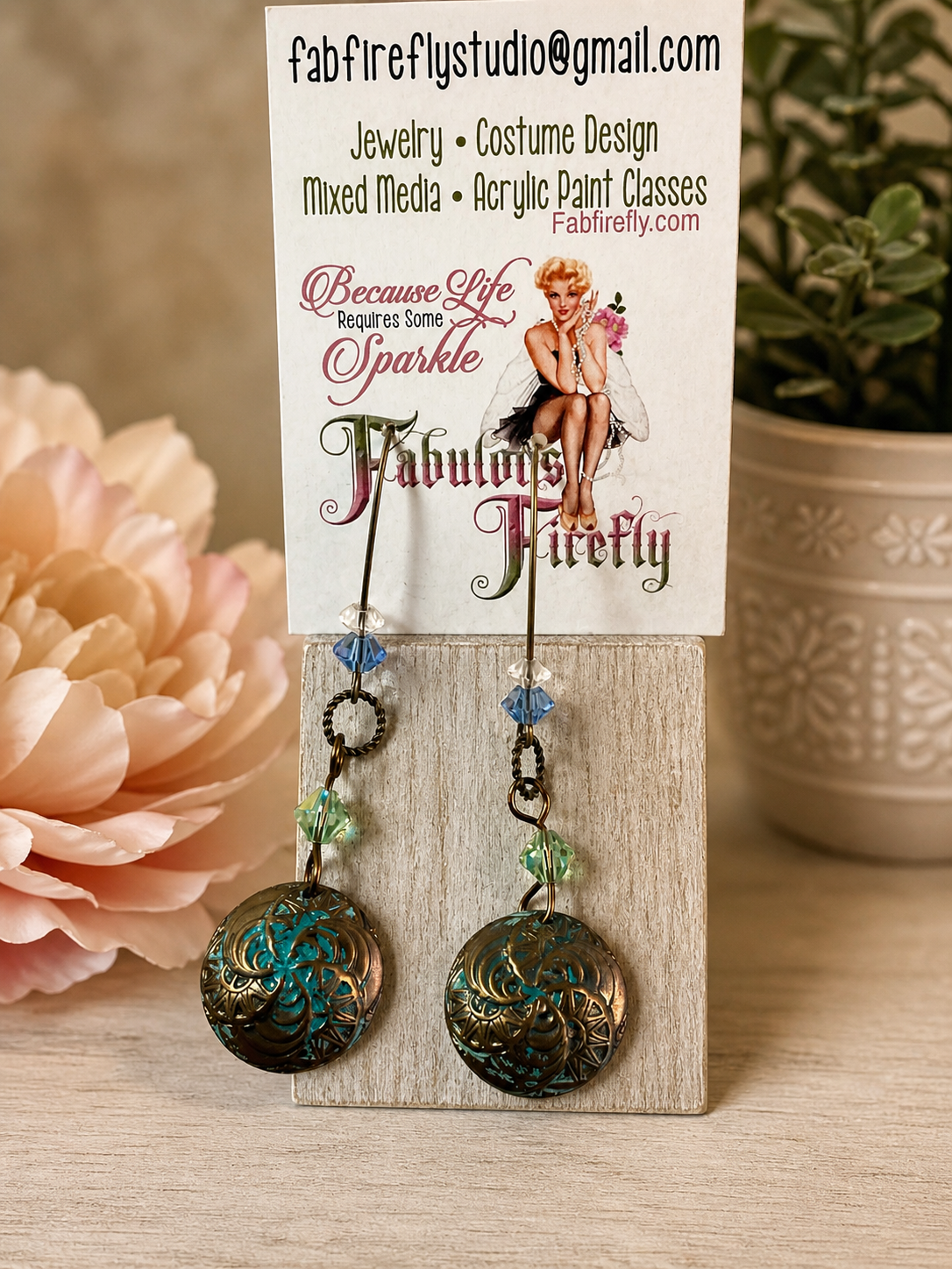 Boho Patina Domed Earrings with Crystal Accents