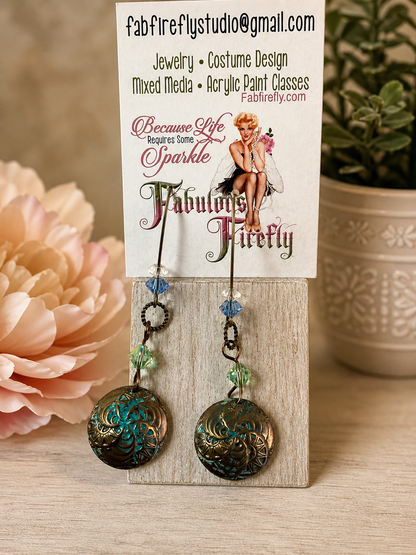 Boho Patina Domed Earrings with Crystal Accents