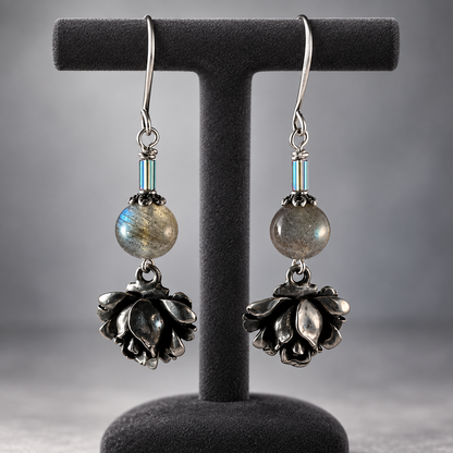 After Dark Hematite & Silver Rose Earrings