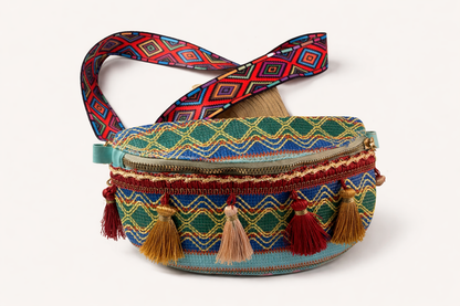 Boho Tassel Crossbody Belt Bag – Colorful Woven Festival Bag (9x6x6)