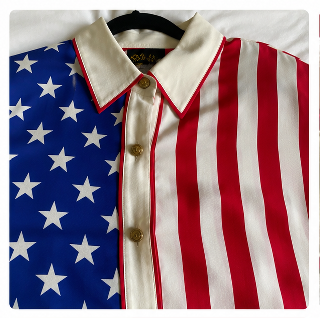 Vintage Bob Mackie Stars & Stripes Silk Shirt 1X | Wearable Art Patriotic Designer Blouse