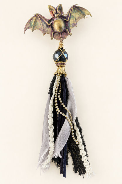 After Dark Bat Pin with Crystal & Fabric Tassel