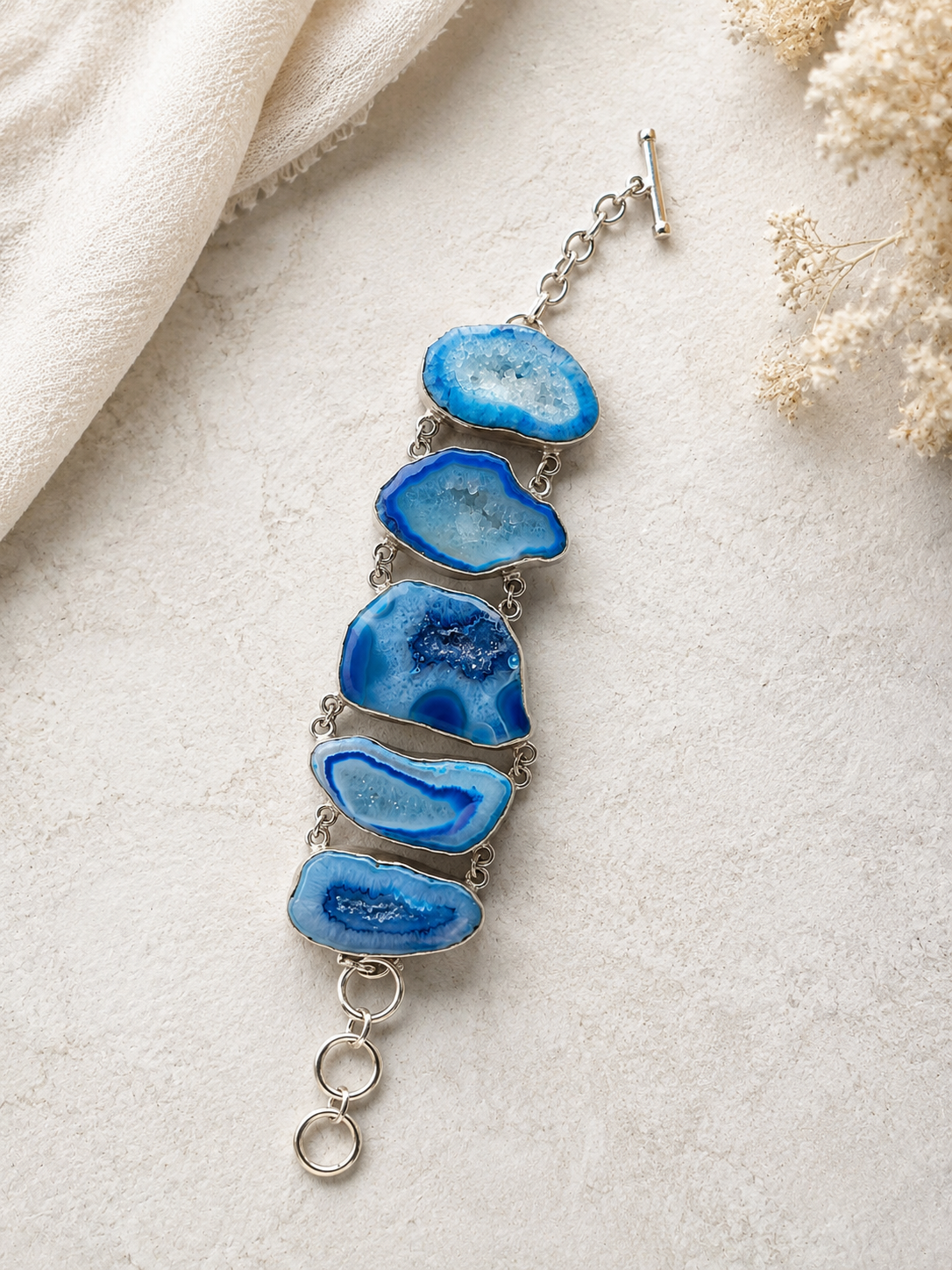 Sterling Silver Blue Druzy Agate Bracelet – 925 Adjustable Toggle Bracelet with Five Natural Stone Slices