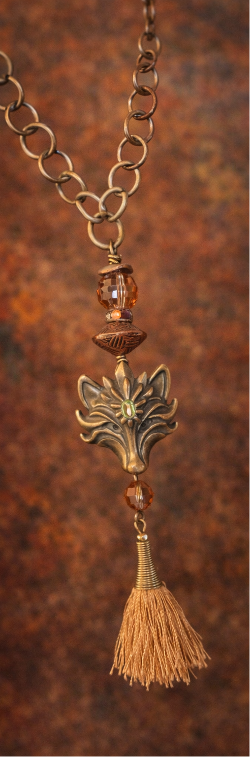 Midnight Fox Talisman Necklace – Crystal & Mixed Metal Tassel Statement