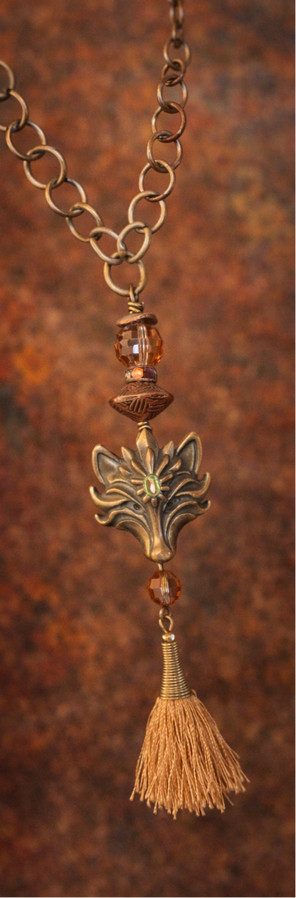Midnight Fox Talisman Necklace – Crystal & Mixed Metal Tassel Statement