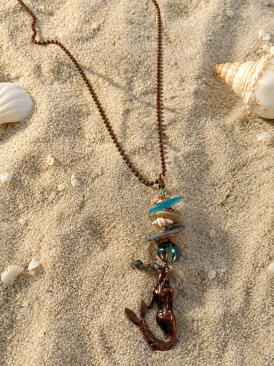 Copper Mermaid Necklace with Real Seashells, Beach Glass & Abalone – 30” Adjustable