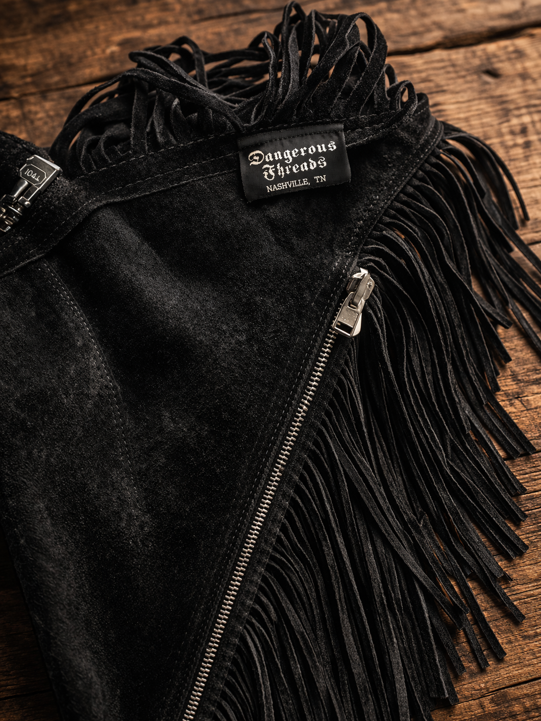 Black Suede Fringe Leather Chaps – 31” Length | Adjustable L/XL | Western Biker Statement