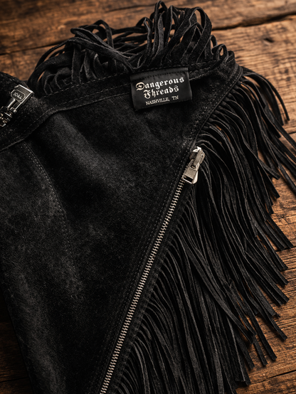Black Suede Fringe Leather Chaps – 31” Length | Adjustable L/XL | Western Biker Statement