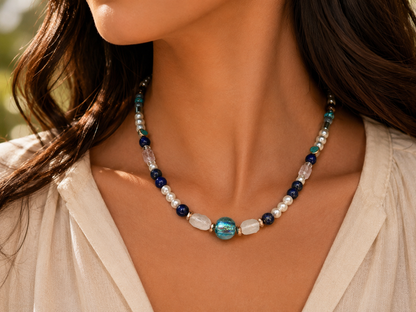 Handmade Ocean Blue Glass Necklace with Lapis, Quartz, Pearls & Abalone Shell | Artisan Jewelry