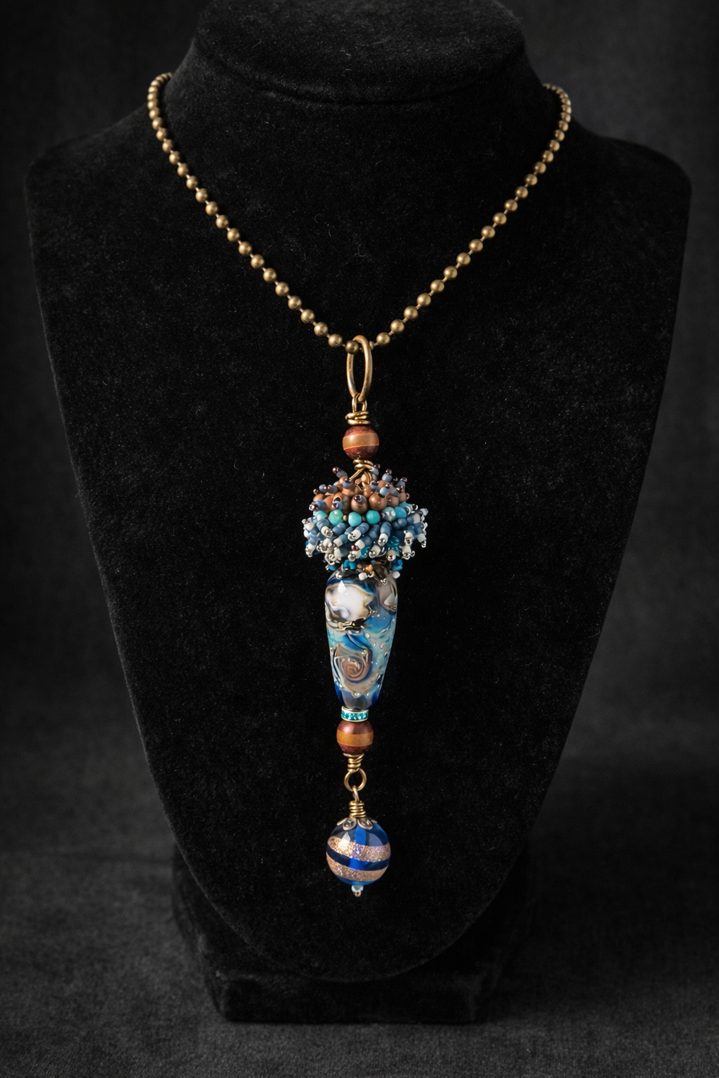 Eye of the Storm Necklace – Ocean Swirl Glass & Hand Beaded Statement Pendant