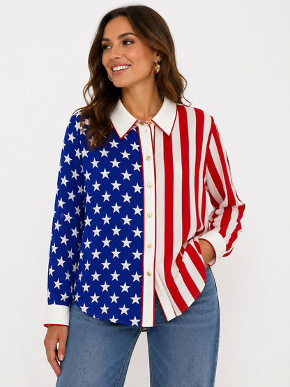 Vintage Bob Mackie Stars & Stripes Silk Shirt 1X | Wearable Art Patriotic Designer Blouse