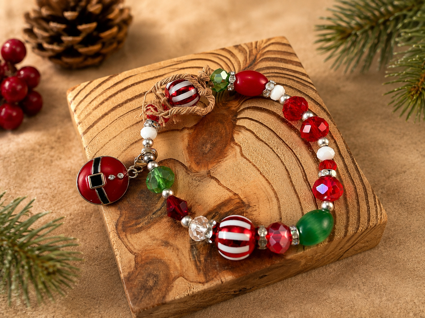 Handmade Christmas Stretch Bracelet with Peppermint Beads, Crystals & Holiday Charms