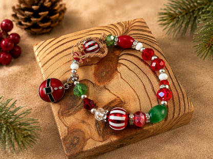 Handmade Christmas Stretch Bracelet with Peppermint Beads, Crystals & Holiday Charms