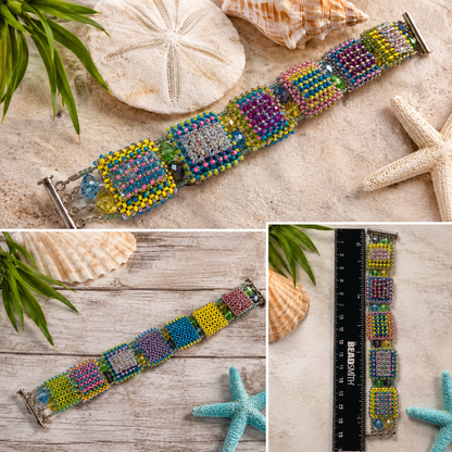 Hand Beaded Right Angle Weave Bracelet with Crystal Squares – Multicolor Statement Bracelet