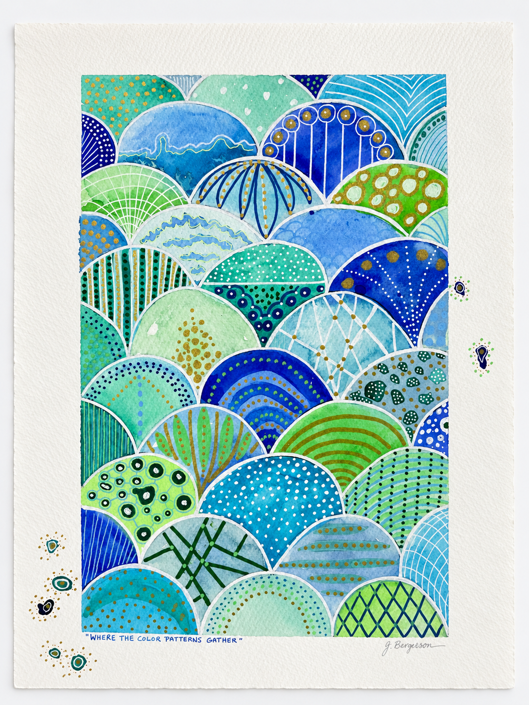 Where the Color Patterns Gather – Blue & Green Framed Watercolor Painting