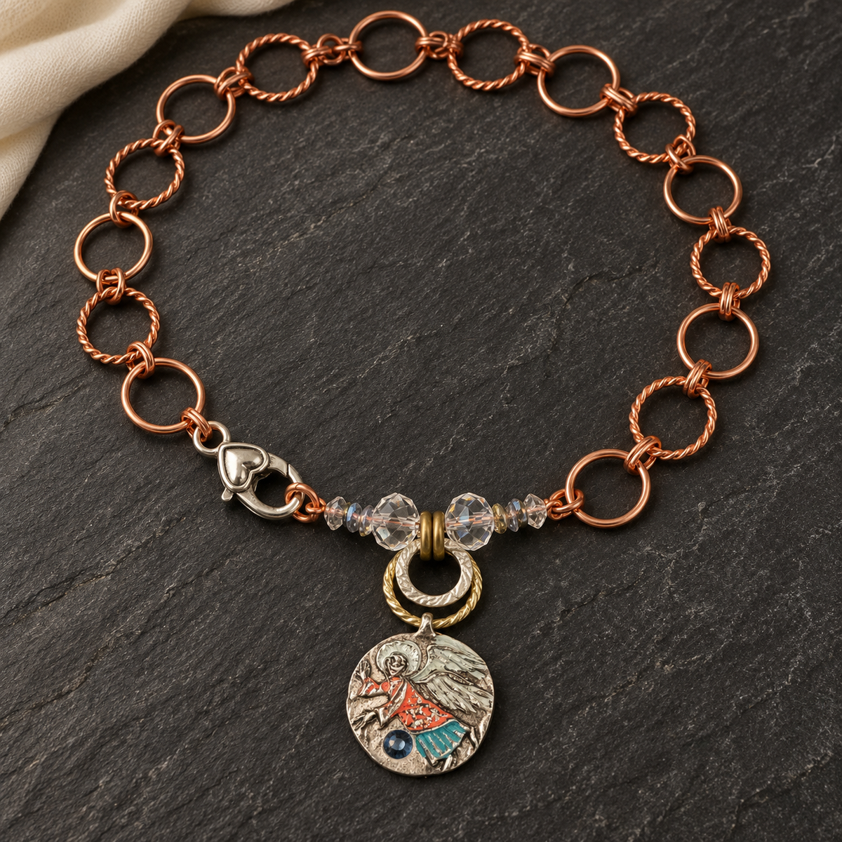 Handpainted Guardian Angel Copper Necklace with Swarovski Crystals – 16 Inch