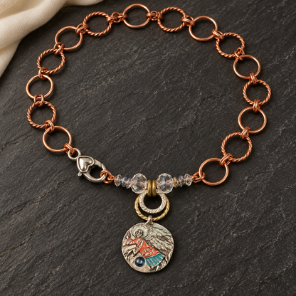 Handpainted Guardian Angel Copper Necklace with Swarovski Crystals – 16 Inch