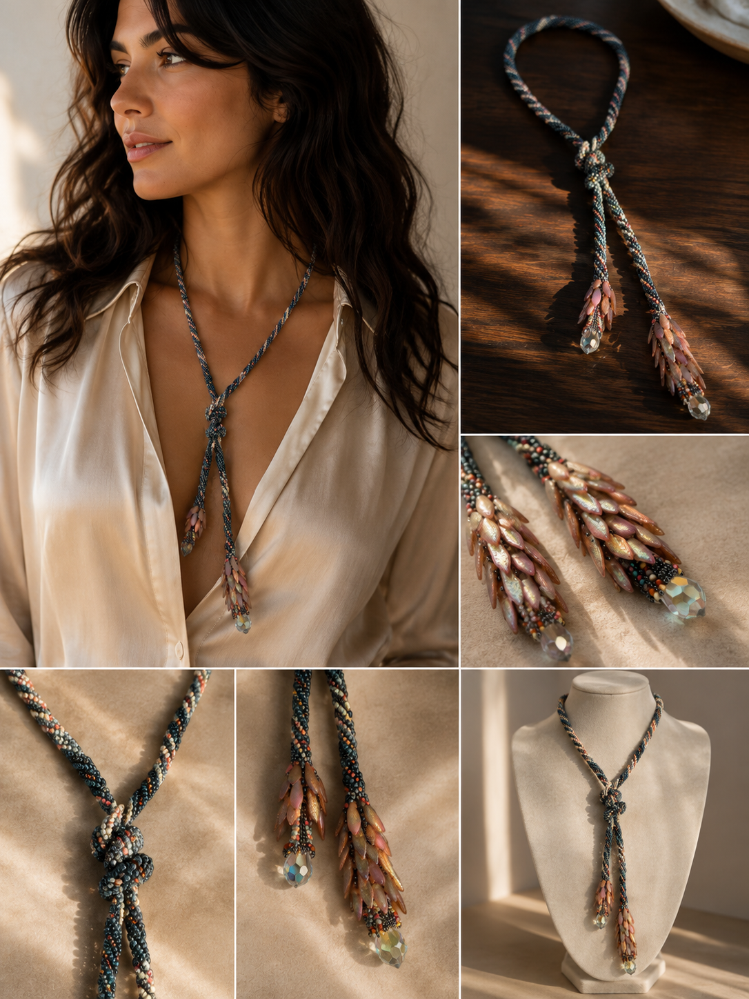 Handmade Beaded Lariat Necklace – 36” Spiral Rope with Dagger Beads & Vintage Crystals