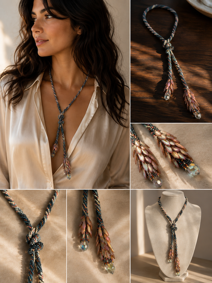 Handmade Beaded Lariat Necklace – 36” Spiral Rope with Dagger Beads & Vintage Crystals