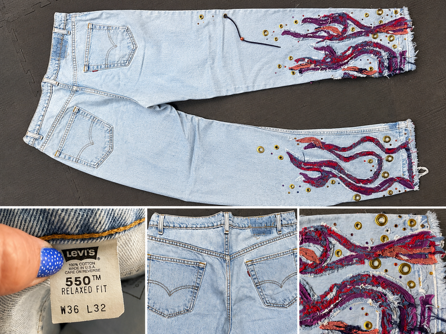 Levi’s 550 Relaxed Fit Distressed Jeans W36 L32 | Frayed Denim Flame Appliqué, Grommets, Rhinestones, Custom Upcycled Jeans