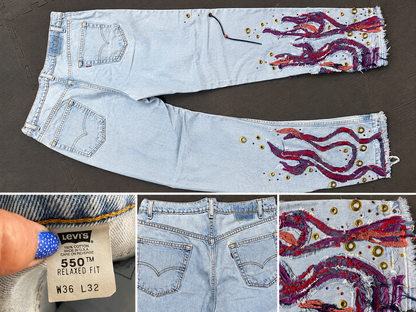 Levi’s 550 Relaxed Fit Distressed Jeans W36 L32 | Frayed Denim Flame Appliqué, Grommets, Rhinestones, Custom Upcycled Jeans
