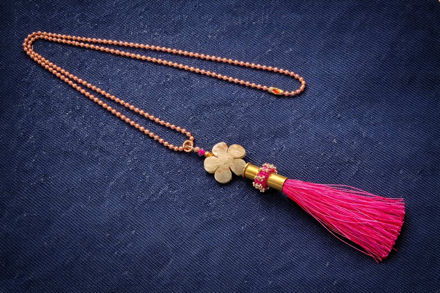 Wildflower Bullet Tassel Necklace – Stone Blossom & Magenta Fringe, 32”