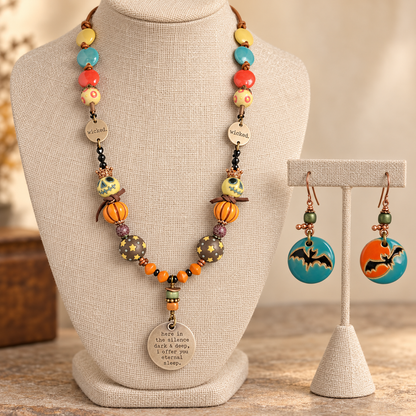 Halloween Skull & Pumpkin Necklace Set with Bat Earrings, 22 Inch