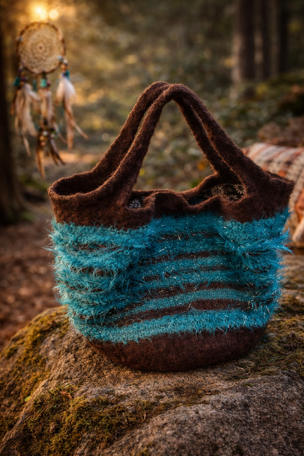 Boho Fuzzy Blue Knit Handbag – Handmade Wool Purse with Floral Lining, Soft Textured Yarn Tote