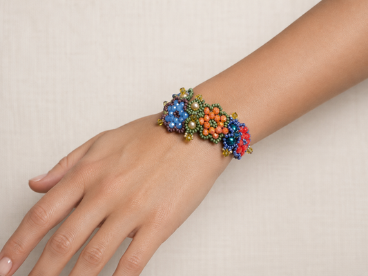 Colorful Handmade Floral Beaded Bracelet with Czech Glass, Crystals & Seed Beads