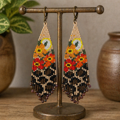 Autumn Bloom Fringe Earrings – Handwoven Beaded Statement (3.5” Drop)