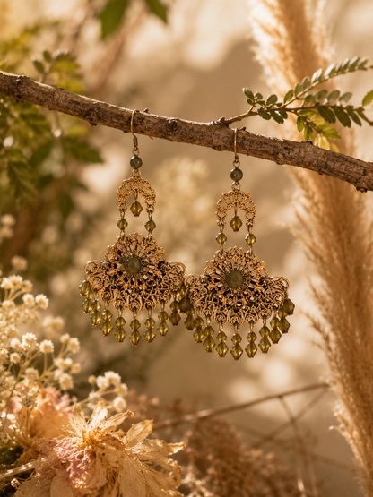 Golden Olive Filigree Crystal Earrings