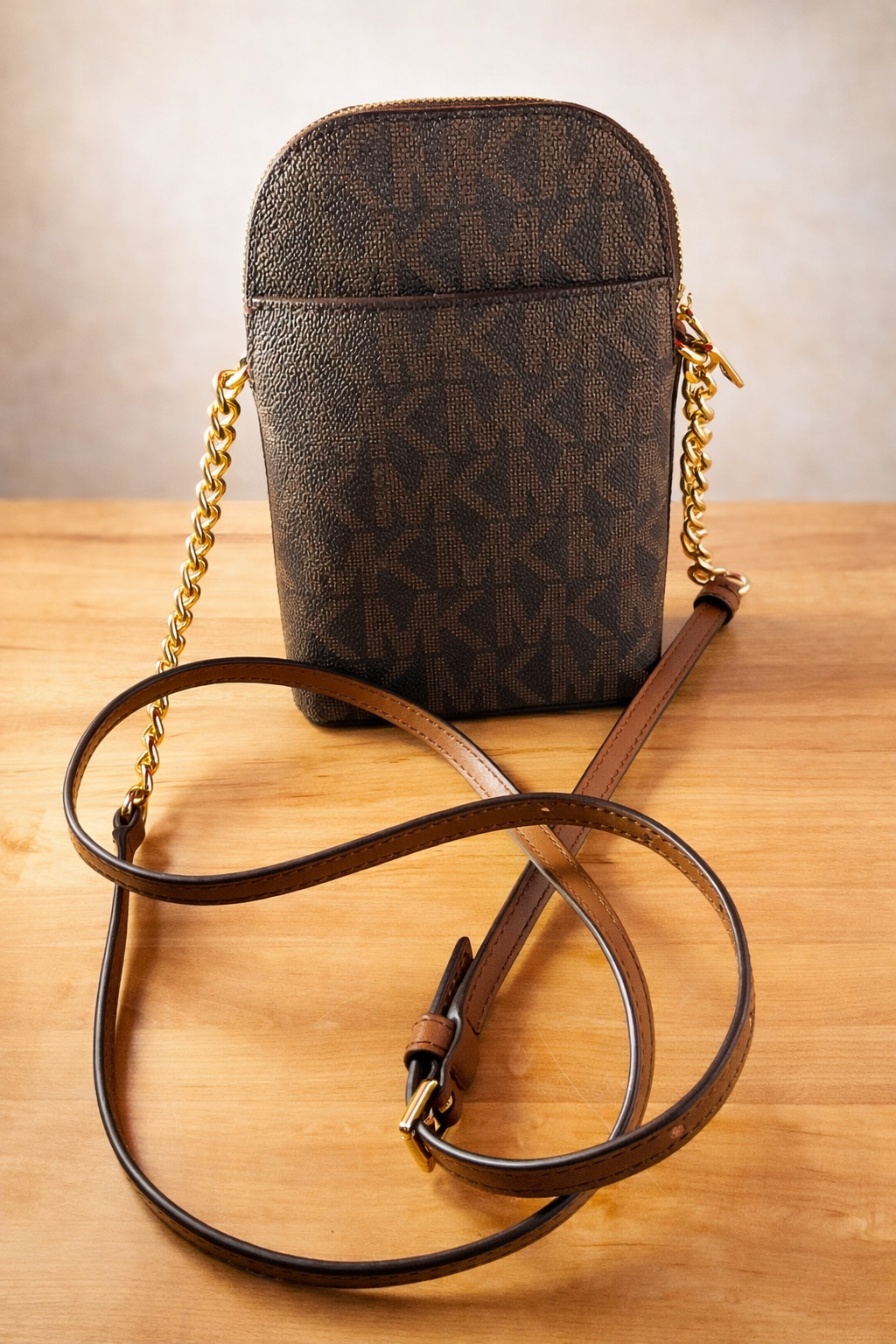 Michael Kors Jet Set Mini Crossbody Phone Bag – Brown MK Monogram with Gold Chain