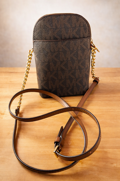 Michael Kors Jet Set Mini Crossbody Phone Bag – Brown MK Monogram with Gold Chain