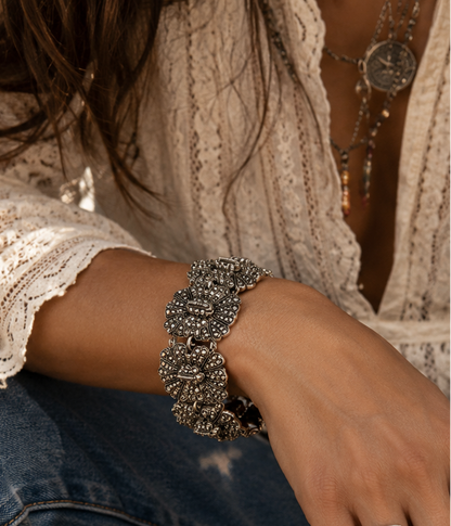 Vintage Silver Floral Statement Bracelet – Adjustable Boho Flower Cuff