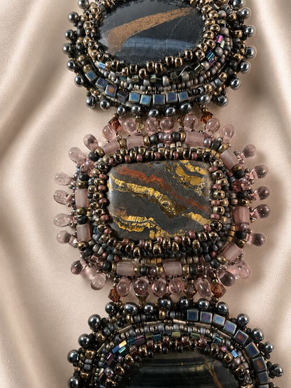 Hand-Beaded Stone Bracelet with Suede Backing – 7½ Inch