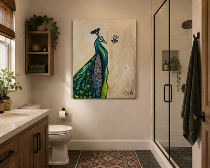 Buzz Off – Peacock & Bumblebee Original Acrylic Painting