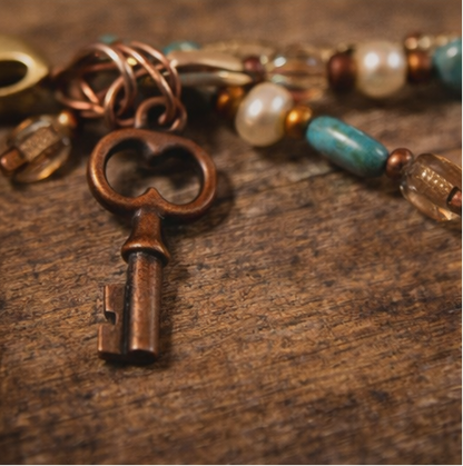Bohemian Heart & Key Bracelet – Czech Glass, Pearls & Austrian Crystal Charm