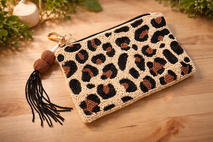 Leopard Print Beaded Coin Pouch with Tassel