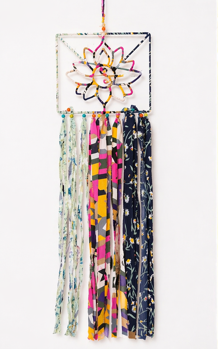 Boho Silk Fringe Wall Hanging – Geometric Flower Fiber Art – 34” Statement Decor
