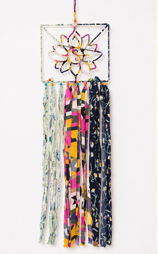 Boho Silk Fringe Wall Hanging – Geometric Flower Fiber Art – 34” Statement Decor