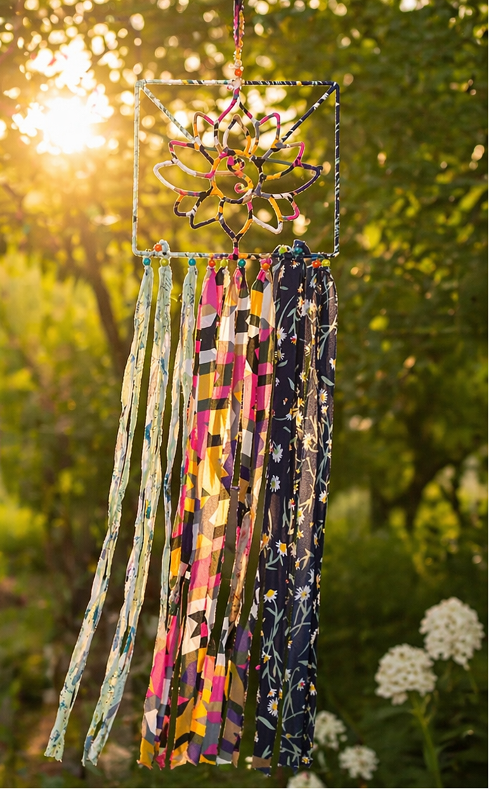 Boho Silk Fringe Wall Hanging – Geometric Flower Fiber Art – 34” Statement Decor